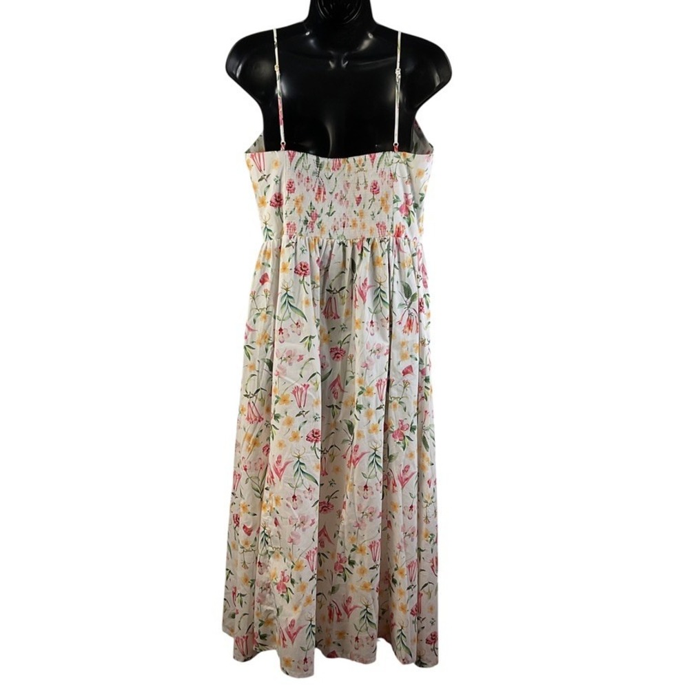 H&M Floral Cotton Midi Sundress White Pink Yellow Smocked Back Strappy Womens M - Picture 3 of 16